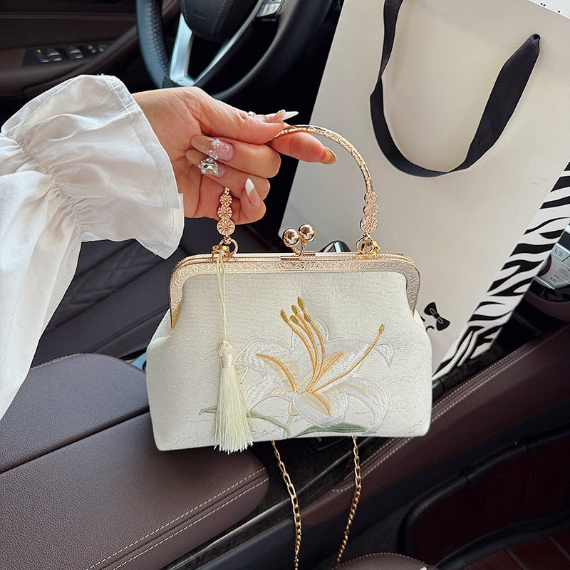Elegant Embroidered Chinese Bucket Bag with Lily Pattern for Women - Image 4