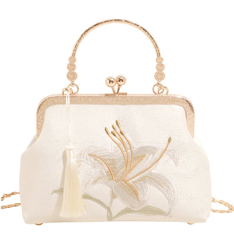 Elegant Embroidered Chinese Bucket Bag with Lily Pattern for Women - Image 1
