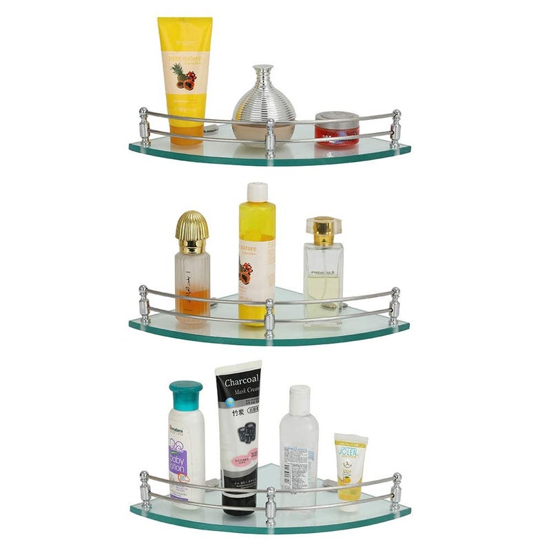 Epraiser 9 x 9 Inch Spacious Corner Glass Bathroom Shelf with Chrome Rail, Wall Mounted, Clear Tempered Glass Shelf/Rack Shelf (9x9 Inch, 1, Piece) - Image 1