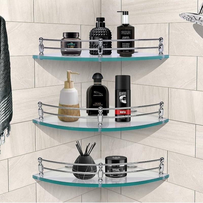 Epraiser 9 x 9 Inch Spacious Corner Glass Bathroom Shelf with Chrome Rail, Wall Mounted, Clear Tempered Glass Shelf/Rack Shelf (9x9 Inch, 1, Piece) - Image 3