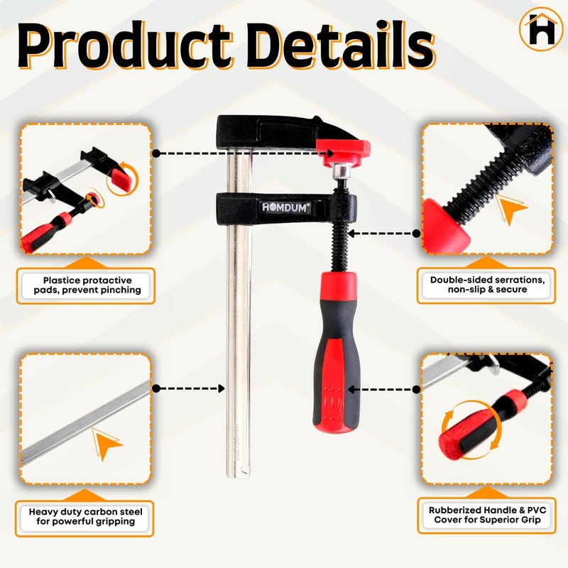 Homdum 6 inch Steel f clamp 150 x 50 mm F Clamp with Rubberized Handle and Surface Protection PVC Cover for Better Grip Metal F Clamps for Woodworking Glass and Welding Works - Image 5