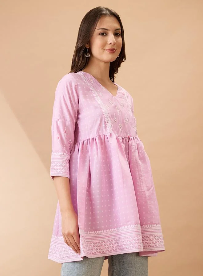 globus Globus Pink Ethnic Print Sequined Detail Tunic