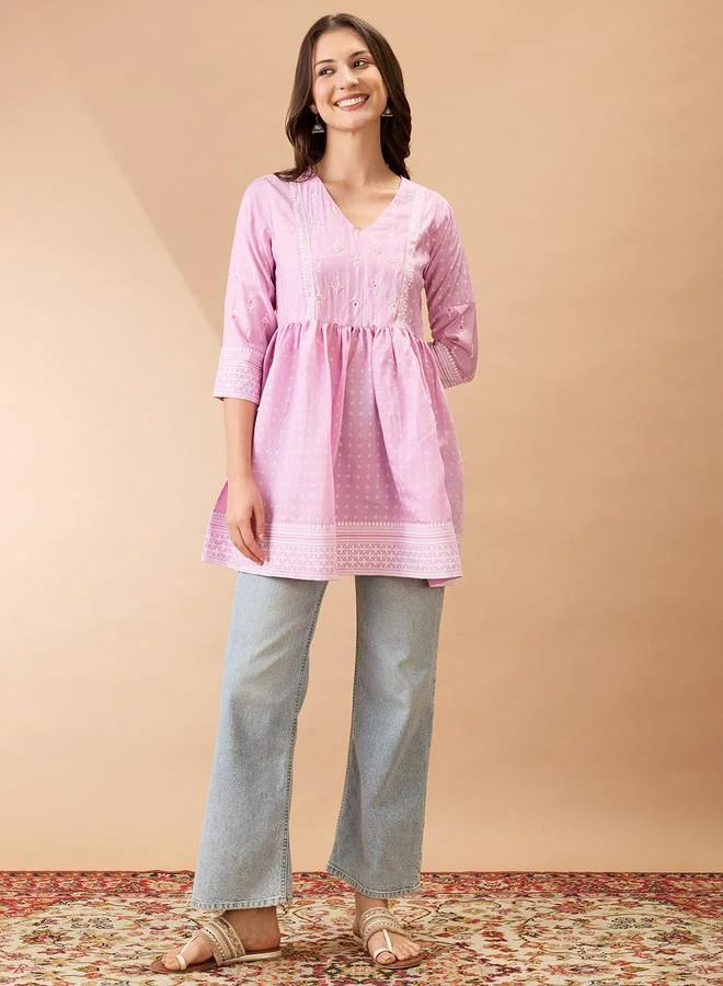 globus Globus Pink Ethnic Print Sequined Detail Tunic