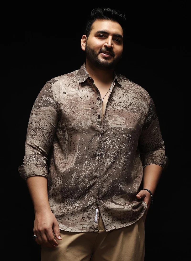 Instafab Plus Instafab Plus Men's Coffee Brown Marble-Specks Imprint Shirt | Spread Collar , Long Cuffed Sleeves , Button Closure , Curved Hemline | Abstract-Print Plain Polyester Material For Evening & Party Wear