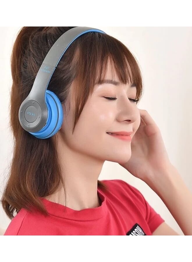 P47 Wireless Bluetooth Headset HD Earphones With FM TF Card Slot Blue - Image 2