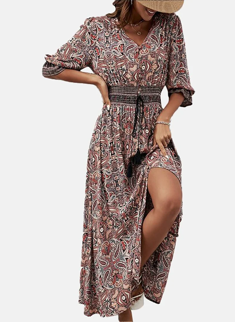 YUNIQEE Brown Ethnic Motifs Cotton Fit & Flare Midi Dress