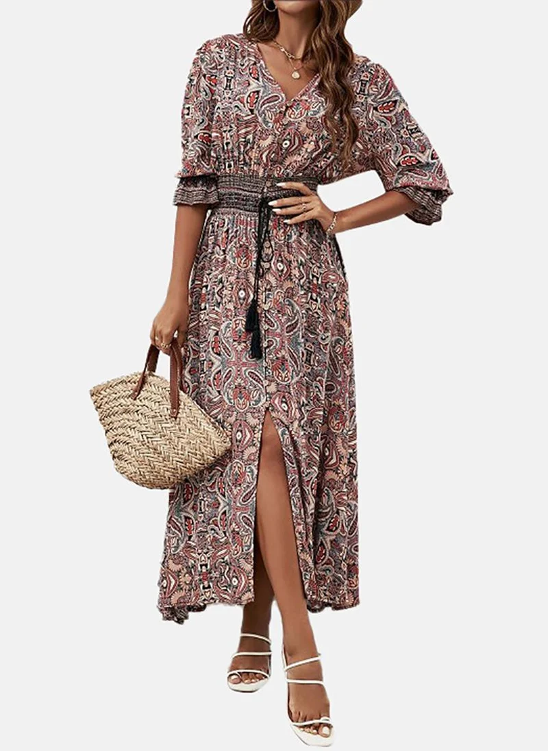 YUNIQEE Brown Ethnic Motifs Cotton Fit & Flare Midi Dress