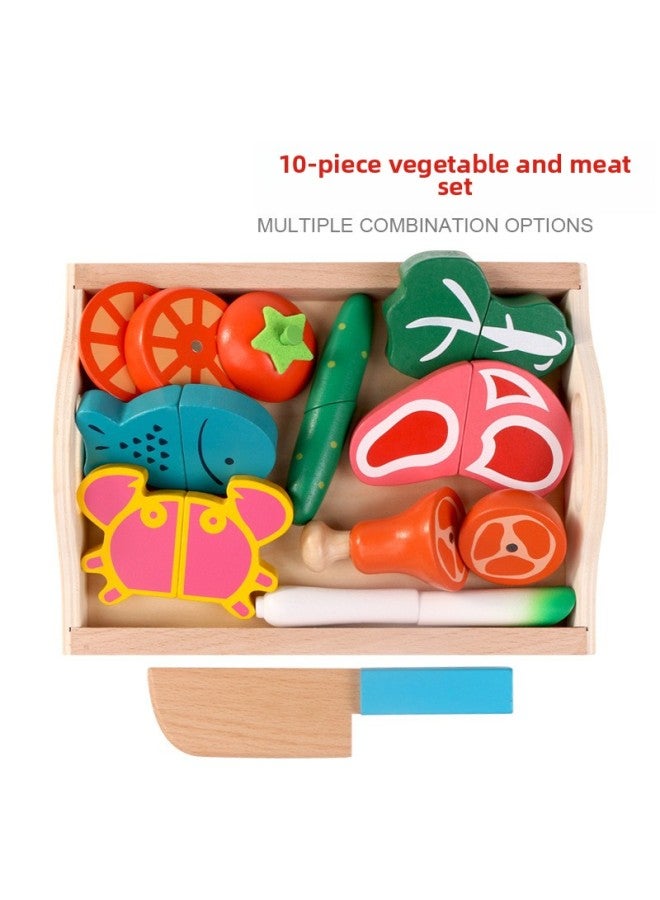 Children's Wooden Magnetic Fruit Cutting Toy Fruit And Vegetable Cutting Music Boys And Girls Simulation Play House Kitchen Toy-Color:SSG-10 Piece Vegetable And Meat Set - Image 1