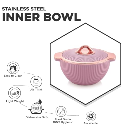 Liza Froyo Stainless Steel Insulated Casserole with Lid 740ml | Round PU Insulated Inner Steel Casserole | Metalizing Knob & Confident Grip Handle | BPA Free Hot Pot for Roti Dal Rice | Pink - Image 3