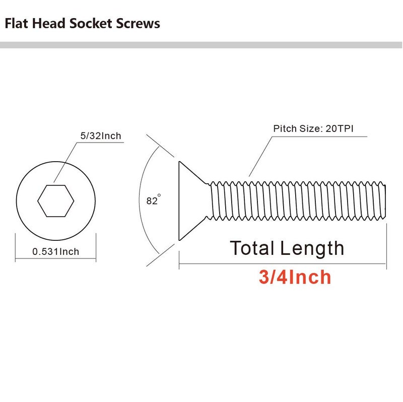 MewuDecor 1/4-20 x 3/4" Flat Head Socket Cap Screws Countersunk Bolts, Allen Socket Drive, Stainless Steel 18-8 (304), Bright Finish, 100 PCS - Image 2