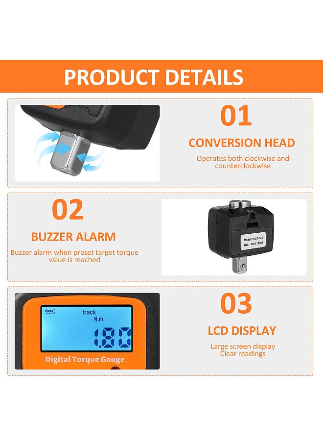 Generic ENGC-340 Digital Display Torque Meter 1/2'' to 1/4'' 1/2'' to 3/8'' Adapters High Accuracy 4 Torque Units Backlit Display Perfect for Automotive Bike Bicycle Motorcycle DIY & Home Repairs  - Image 5