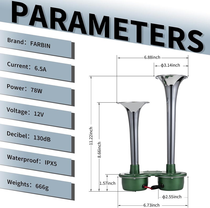 FARBIN 12V Electric Train Horn - Waterproof Dual Horns for Trucks, SUVs, and Motorcycles (Green) - Image 5
