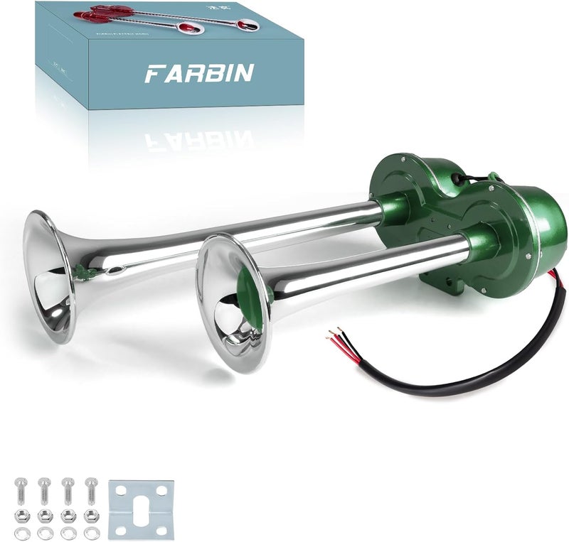 FARBIN 12V Electric Train Horn - Waterproof Dual Horns for Trucks, SUVs, and Motorcycles (Green) - Image 1