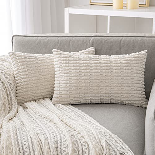 ANRODUO Pack of 2 Cream White Pillow Covers Decorative Throw Pillows 12x20 Inch for Couch Bed Living Room Soft Corduroy Striped Lumbar Cushion Case Boho Throw Pillows Neutral Room Fall Room Decor - Image 1