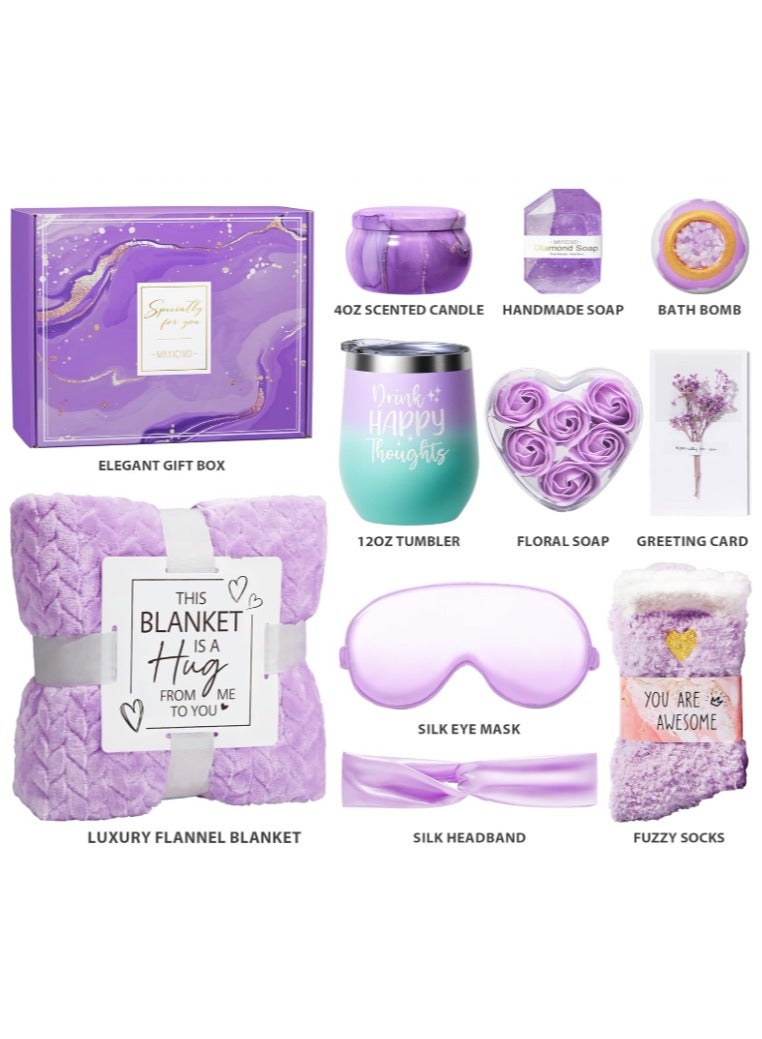 Wedding Birthday Gift Set for Women  Bride & Teen Girl Self Care Gifts Get Well Soon Gifts Basket, Lavender Relaxing Spa Gift Basket, Unique for Girl Friend,Wife,Mom, Friends, Sister, Coworker ,Grandma- Purple Luxury Box with Custom Tumbler, Fuzzy Socks，Flannel Blanket,Soap ,Candle & Eye Mask (Ramadan Gift for Her) - Image 1