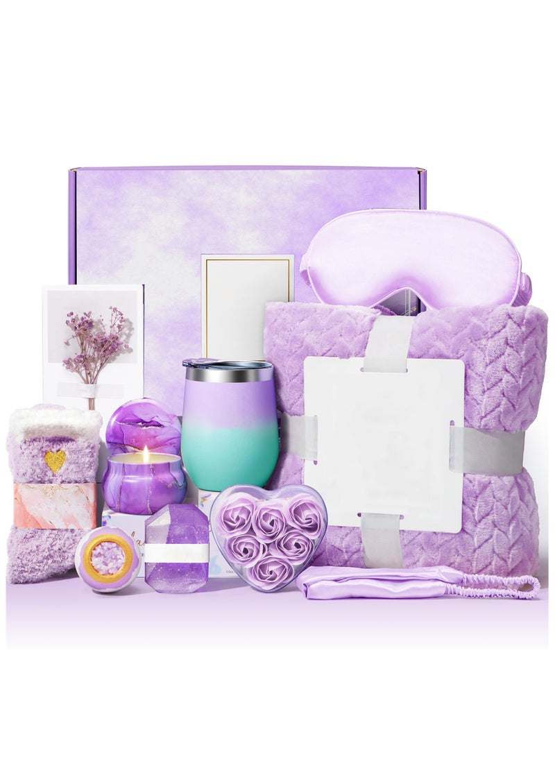 Wedding Birthday Gift Set for Women  Bride & Teen Girl Self Care Gifts Get Well Soon Gifts Basket, Lavender Relaxing Spa Gift Basket, Unique for Girl Friend,Wife,Mom, Friends, Sister, Coworker ,Grandma- Purple Luxury Box with Custom Tumbler, Fuzzy Socks，Flannel Blanket,Soap ,Candle & Eye Mask (Ramadan Gift for Her) - Image 2