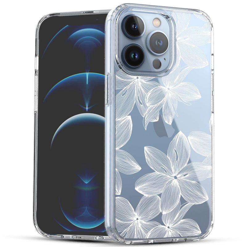 RANZ Compatible with iPhone 13 Pro Max Case, Anti-Scratch Shockproof Series Clear Hard PC+ TPU Bumper Protective Cover Case for iPhone 13 Pro Max (6.7") - White Flower - Image 1