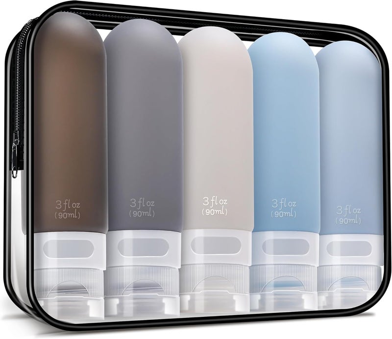 yahaa Travel Bottles for Toiletries,3oz Leak Proof Squeezable Travel Size Containers, 5 Pack TSA Approved Travel Essentials for Shampoo Conditioner,Silicone,Black Pack 