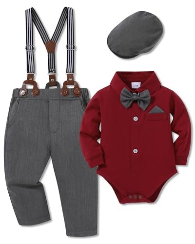 WESIDOM Baby Boy Clothes Suit 0-24M Newborn Infant Gentleman Formal Outfit, Dress Shirt+Bowtie+Beret+Suspender Pant Set - Image 1
