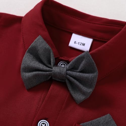WESIDOM Baby Boy Clothes Suit 0-24M Newborn Infant Gentleman Formal Outfit, Dress Shirt+Bowtie+Beret+Suspender Pant Set - Image 2