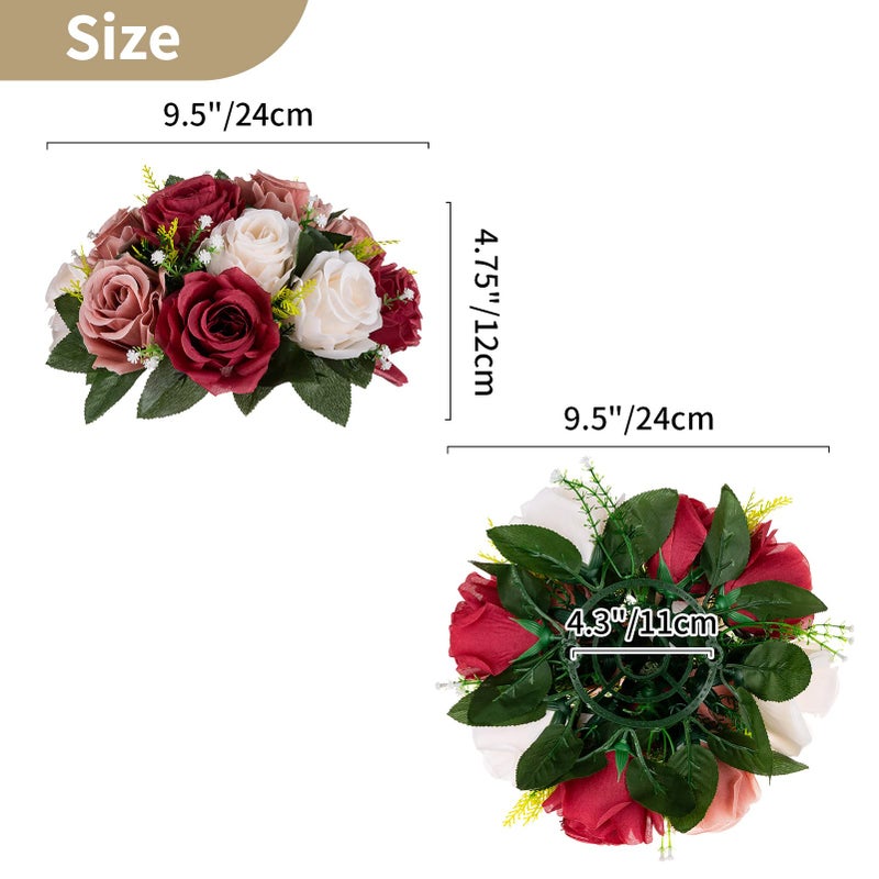 NUPTIO Artificial Flower Centrepieces for Tables - 2 Pcs Burgundy & Dusty Rose & Creamy White Fake Flowers Roses Balls 9.5in Diameter - Silk Faux Rose Arrangement for Wedding Party Table Decor - Image 5