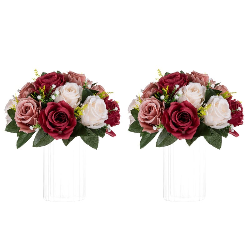 NUPTIO Artificial Flower Centrepieces for Tables - 2 Pcs Burgundy & Dusty Rose & Creamy White Fake Flowers Roses Balls 9.5in Diameter - Silk Faux Rose Arrangement for Wedding Party Table Decor - Image 1