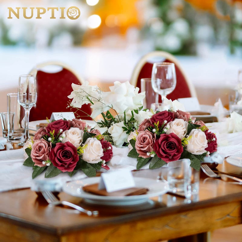 NUPTIO Artificial Flower Centrepieces for Tables - 2 Pcs Burgundy & Dusty Rose & Creamy White Fake Flowers Roses Balls 9.5in Diameter - Silk Faux Rose Arrangement for Wedding Party Table Decor - Image 4