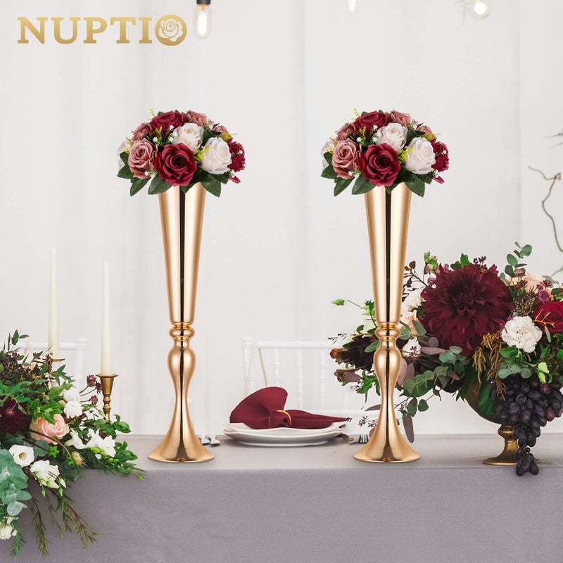 NUPTIO Artificial Flower Centrepieces for Tables - 2 Pcs Burgundy & Dusty Rose & Creamy White Fake Flowers Roses Balls 9.5in Diameter - Silk Faux Rose Arrangement for Wedding Party Table Decor - Image 3