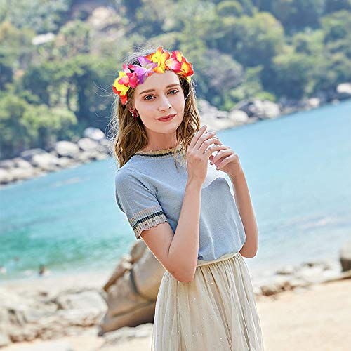 CBLUO Hawaiian Leis Flower Headband Wristbands Tropical Hawaii Luau Necklace Bracelets Hair Hoops Wreath Women Headpiece Hair Bands Cosplay Costume Summer Beach Vacation Pool Party Decoration Colorful - Image 2