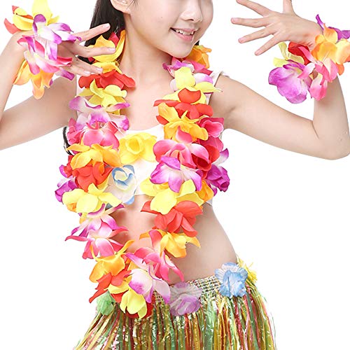 CBLUO Hawaiian Leis Flower Headband Wristbands Tropical Hawaii Luau Necklace Bracelets Hair Hoops Wreath Women Headpiece Hair Bands Cosplay Costume Summer Beach Vacation Pool Party Decoration Colorful - Image 3