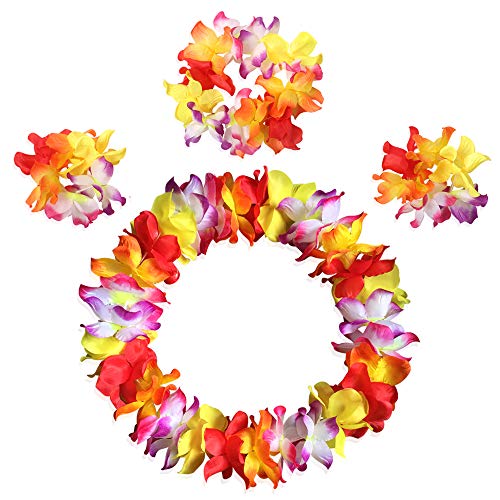 CBLUO Hawaiian Leis Flower Headband Wristbands Tropical Hawaii Luau Necklace Bracelets Hair Hoops Wreath Women Headpiece Hair Bands Cosplay Costume Summer Beach Vacation Pool Party Decoration Colorful - Image 1