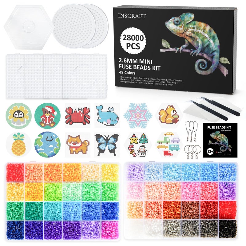 INSCRAFT 28000 Mini Fuse Beads 26mm 48 Colors Melty Beads with 7 Pegboards 15 Ironing Sheets 2 Tweezers 2 Ironing Papers 6 Chain Accessories