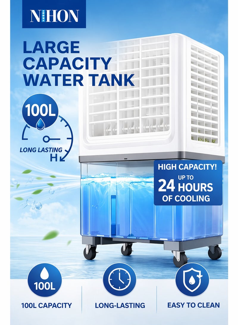 Nihon YJF-140R 100L Air Cooler – High Power 280W Evaporative Cooler with 16200m³/h Airflow, Portable Desert Air Cooler for Home, Office & Commercial Use - Image 4