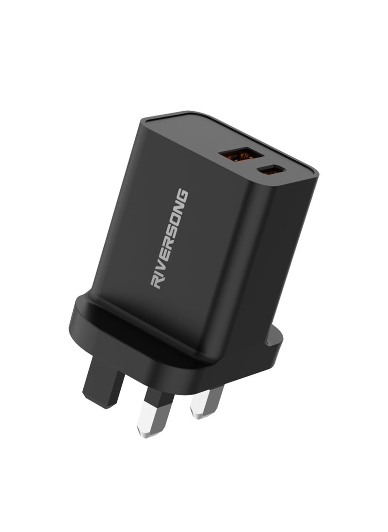 RIVERSONG - RIVERSONG Fast Wall Charger Dual Port 30W, SAFEKUBD6-AD28.BK, Black - Image 1