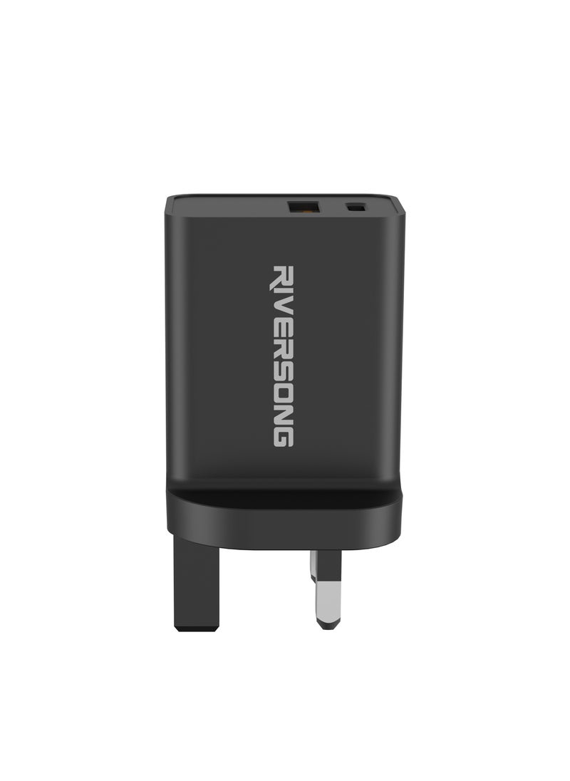 RIVERSONG - RIVERSONG Fast Wall Charger Dual Port 30W, SAFEKUBD6-AD28.BK, Black - Image 1