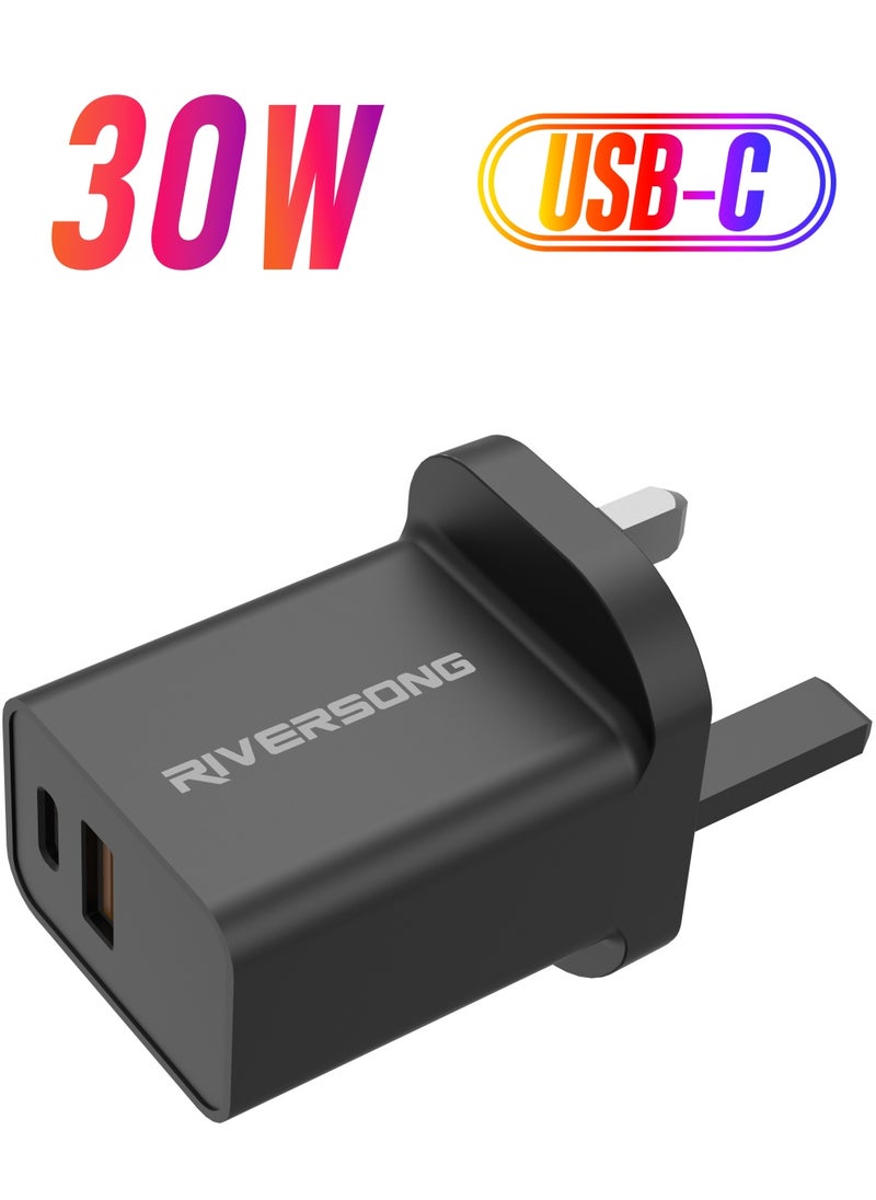 RIVERSONG - RIVERSONG Fast Wall Charger Dual Port 30W, SAFEKUBD6-AD28.BK, Black - Image 1