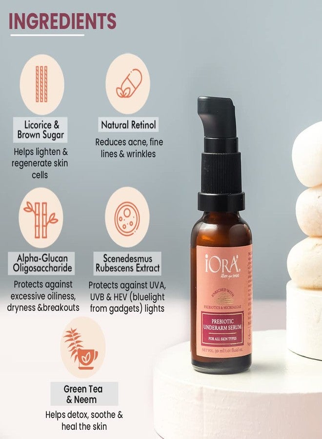 iORA Prebiotic Underarm Serum- 30ml | Brightens, reduces pigmentation & controls odor for dark underarms | Enriched with Neem, Green Tea, Licorice & essential oils | For Men & Women - Image 4