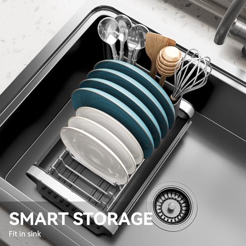 TOOLF Small Dish Drying Rack, Mini Expandable Compact Dish Rack, Slim Extendable Stainless Steel Dish Drainer for Kitchen Plate Storage, Space Saving Dish Strainer in Sink or on Home Countertop, Black - Image 3