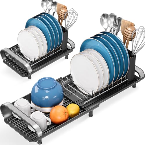 TOOLF Small Dish Drying Rack, Mini Expandable Compact Dish Rack, Slim Extendable Stainless Steel Dish Drainer for Kitchen Plate Storage, Space Saving Dish Strainer in Sink or on Home Countertop, Black - Image 1