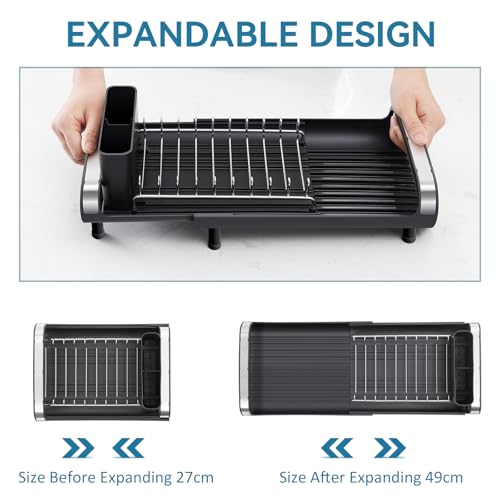 TOOLF Small Dish Drying Rack, Mini Expandable Compact Dish Rack, Slim Extendable Stainless Steel Dish Drainer for Kitchen Plate Storage, Space Saving Dish Strainer in Sink or on Home Countertop, Black - Image 2