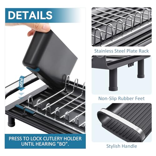 TOOLF Small Dish Drying Rack, Mini Expandable Compact Dish Rack, Slim Extendable Stainless Steel Dish Drainer for Kitchen Plate Storage, Space Saving Dish Strainer in Sink or on Home Countertop, Black - Image 4