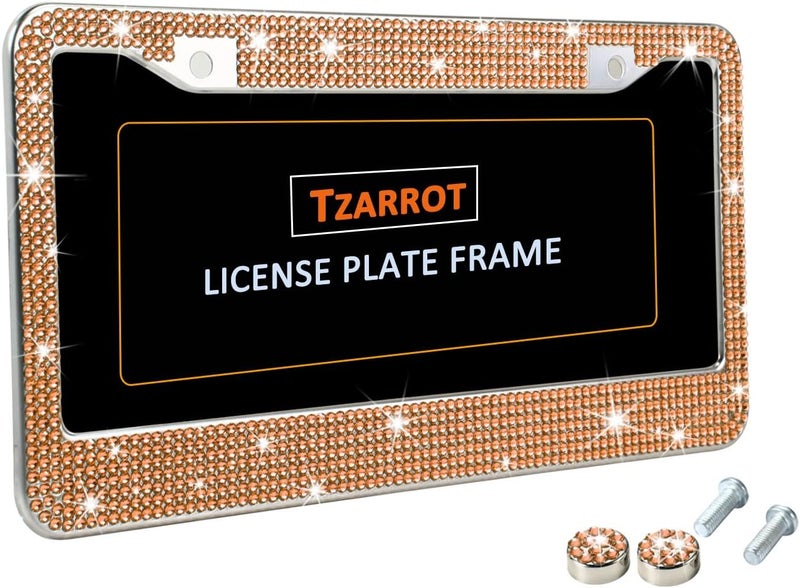 TZARROT إطار لوحة ترخيص لامع للرجال والنساء، إطار لوحة ترخيص مرصع بأحجار الراين الماسية بلون الشمبانيا، إكسسوارات سيارات لامعة للنساء والرجال، متألق وبراق - Image 3