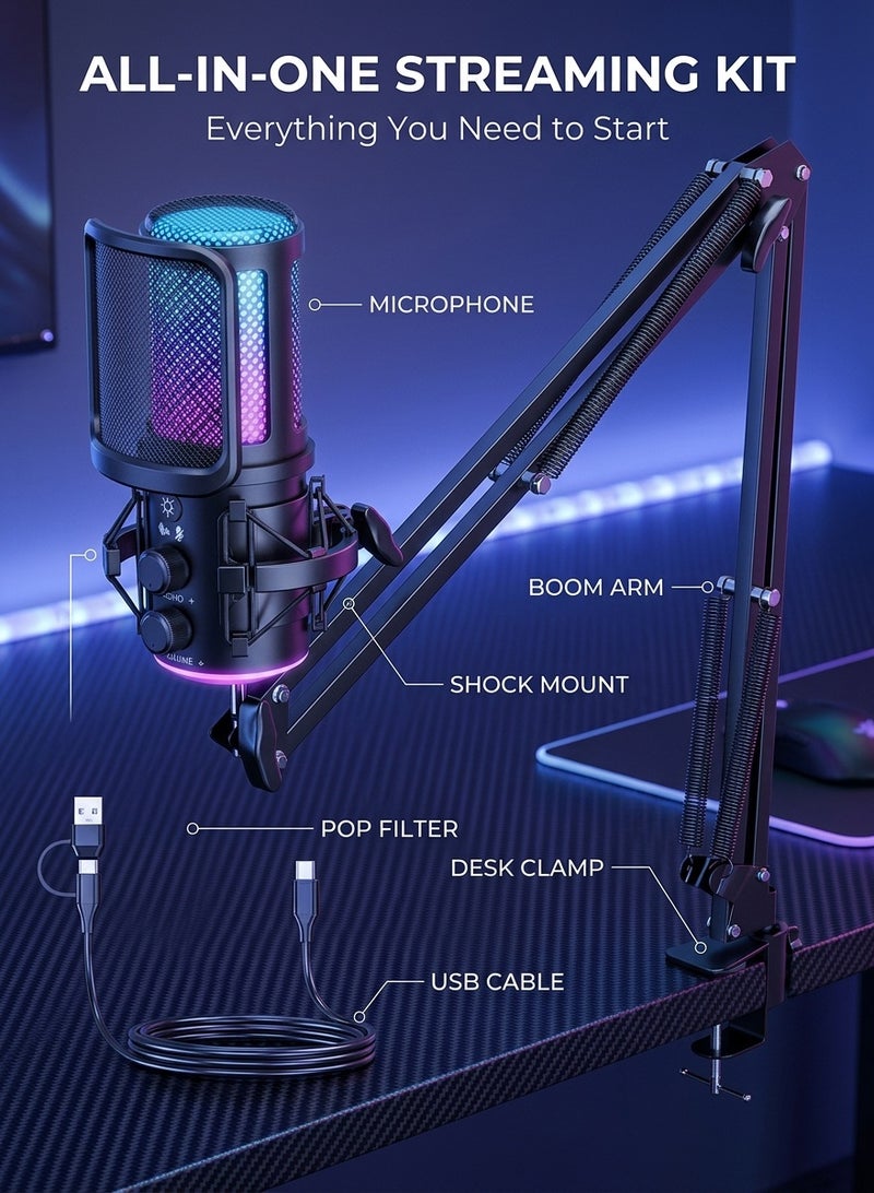 DRAKLAW Gaming USB Microphone, Noise Cancellation Condenser Mic with Mute,Boom Arm Mic-Reverb Adjustment, Monitoring for Streaming, Podcasting, Discord, YouTube,PC, Computer, PS4, PS5, Mac - Image 2