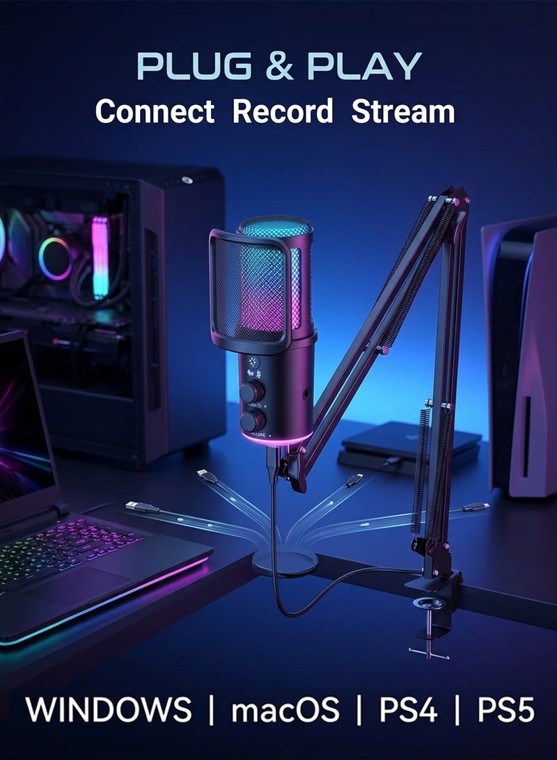 DRAKLAW Gaming USB Microphone, Noise Cancellation Condenser Mic with Mute,Boom Arm Mic-Reverb Adjustment, Monitoring for Streaming, Podcasting, Discord, YouTube,PC, Computer, PS4, PS5, Mac - Image 3