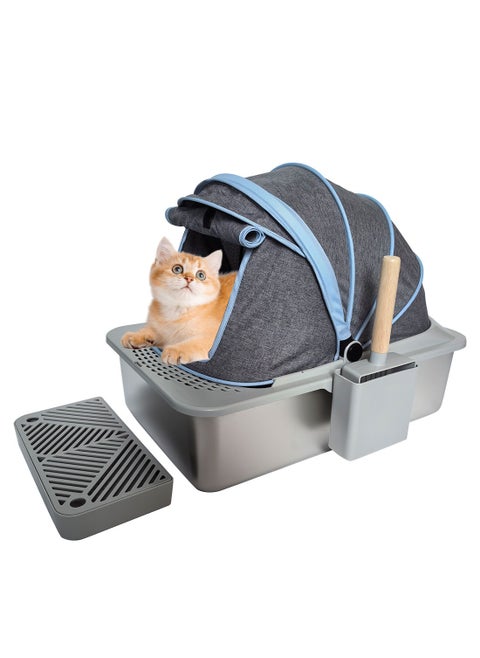 Closed Stainless Steel Cat Litter Box Extra Large Capacity Pet Waste Room With Fabric Canopy To Prevent Benefits Stainless Steel Basin Bottom Is Scratch-Resistant And Wear-Resistant And Easy To Clean 60*40*45cm