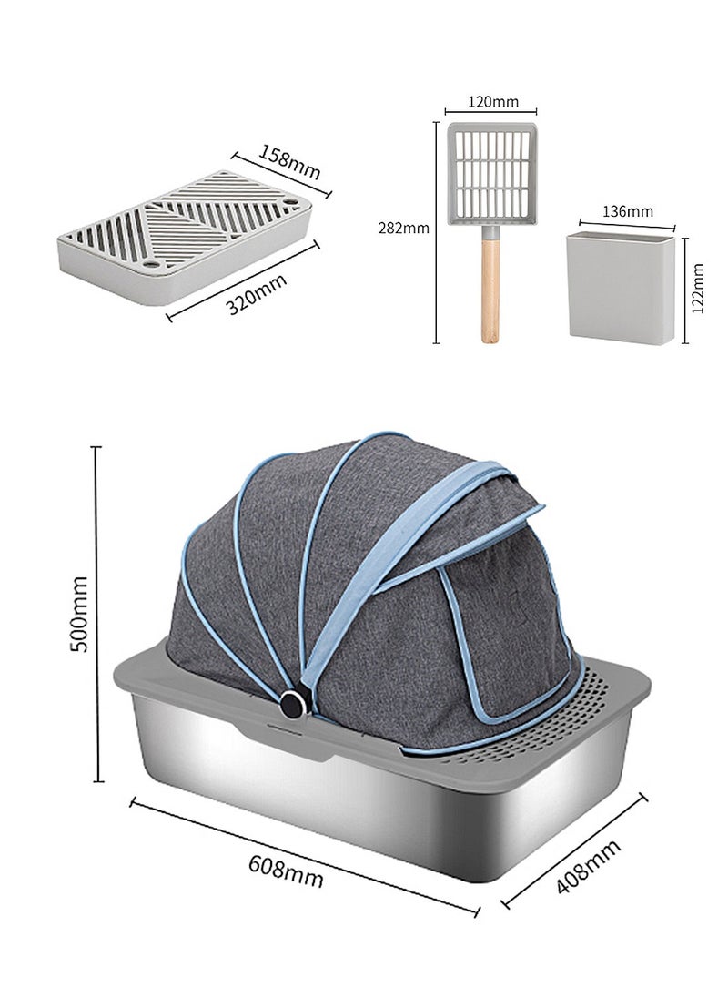 Closed Stainless Steel Cat Litter Box Extra Large Capacity Pet Waste Room With Fabric Canopy To Prevent Benefits Stainless Steel Basin Bottom Is Scratch-Resistant And Wear-Resistant And Easy To Clean 60*40*45cm