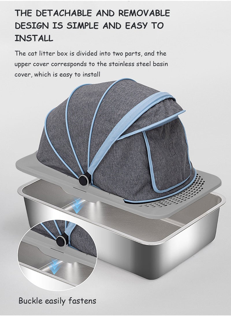 Closed Stainless Steel Cat Litter Box Extra Large Capacity Pet Waste Room With Fabric Canopy To Prevent Benefits Stainless Steel Basin Bottom Is Scratch-Resistant And Wear-Resistant And Easy To Clean 60*40*45cm