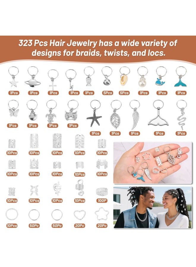 Jollidecor 323 Pcs Silver Hair Jewelry for Braids, Dreadlocks, Twists and Locs, Adjustable Cuffs Rings and Charms Beads Accessories for Women Men, Perfect for Parties, Weddings, Festivals and Daily Wear - Image 2