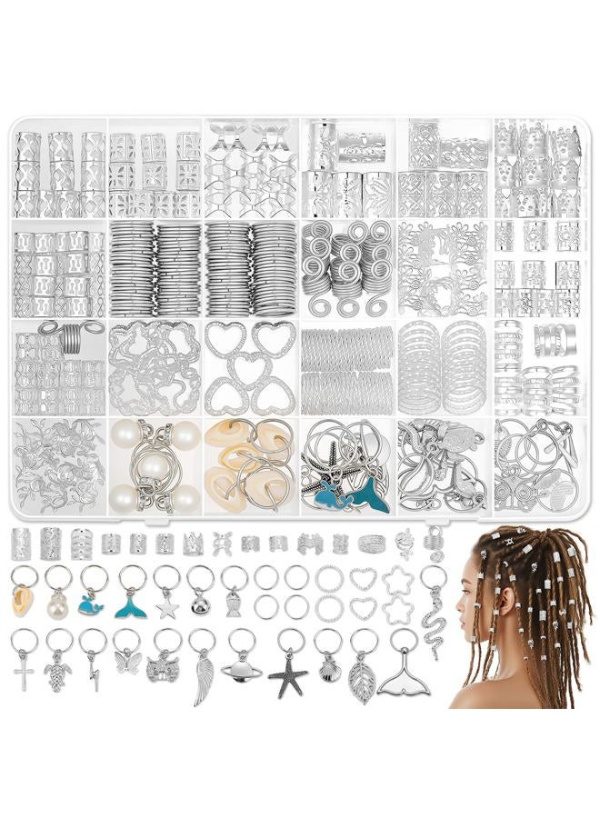 Jollidecor 323 Pcs Silver Hair Jewelry for Braids, Dreadlocks, Twists and Locs, Adjustable Cuffs Rings and Charms Beads Accessories for Women Men, Perfect for Parties, Weddings, Festivals and Daily Wear - Image 1