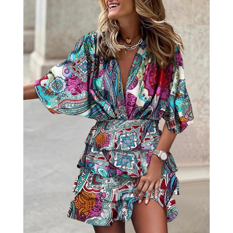 2022 Cross-border Amazon Europe and America Explosions Autumn Bat Sleeve V-Neck Hem Irregular dress Womens Wear blue cashew flower